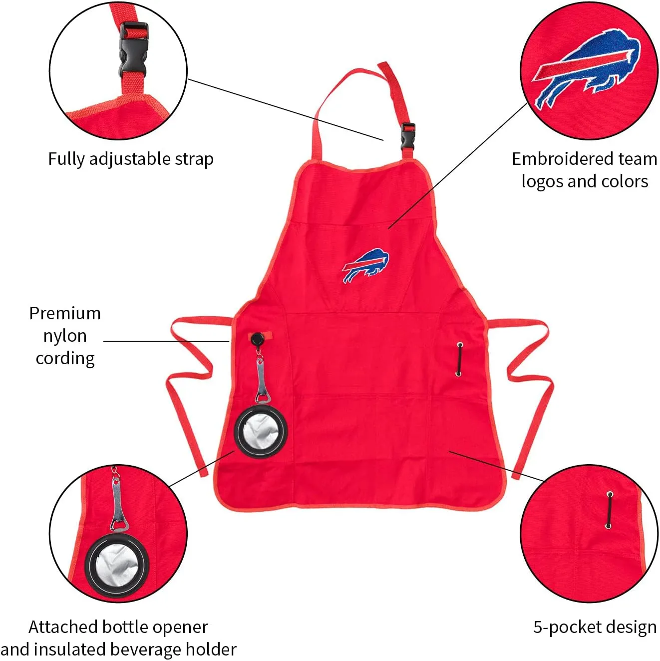 Team Sports America NFL Ultimate Grilling Apron with Bottle Opener and Insulated Beverage Holder, Adjustable Straps Men Women