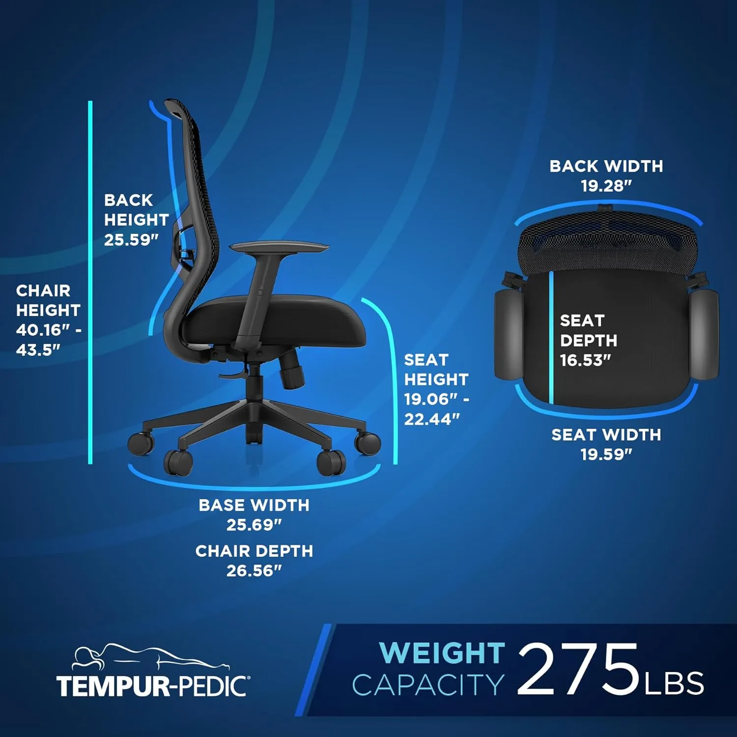 Tempur-Pedic ProTask Executive Task Office Chair with Mesh Back and Built-in Lumbar Support, Height-Adjustable Ergonomic Mesh Office Desk Chair, Black