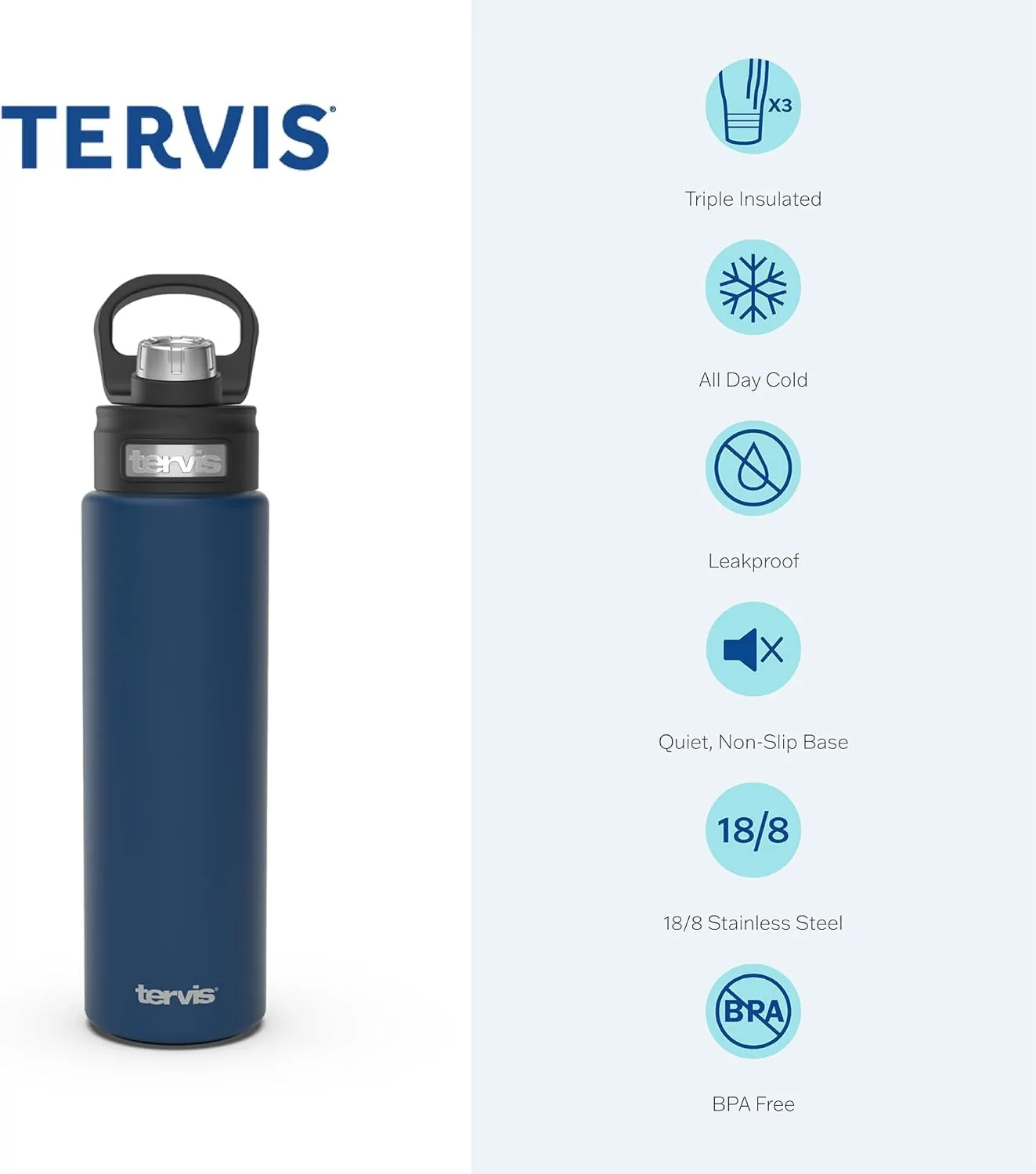Tervis Navy Logo Triple Walled Insulated Tumbler Travel Cup Keeps Drinks Cold, 24oz Wide Mouth Bottle, Stainless Steel