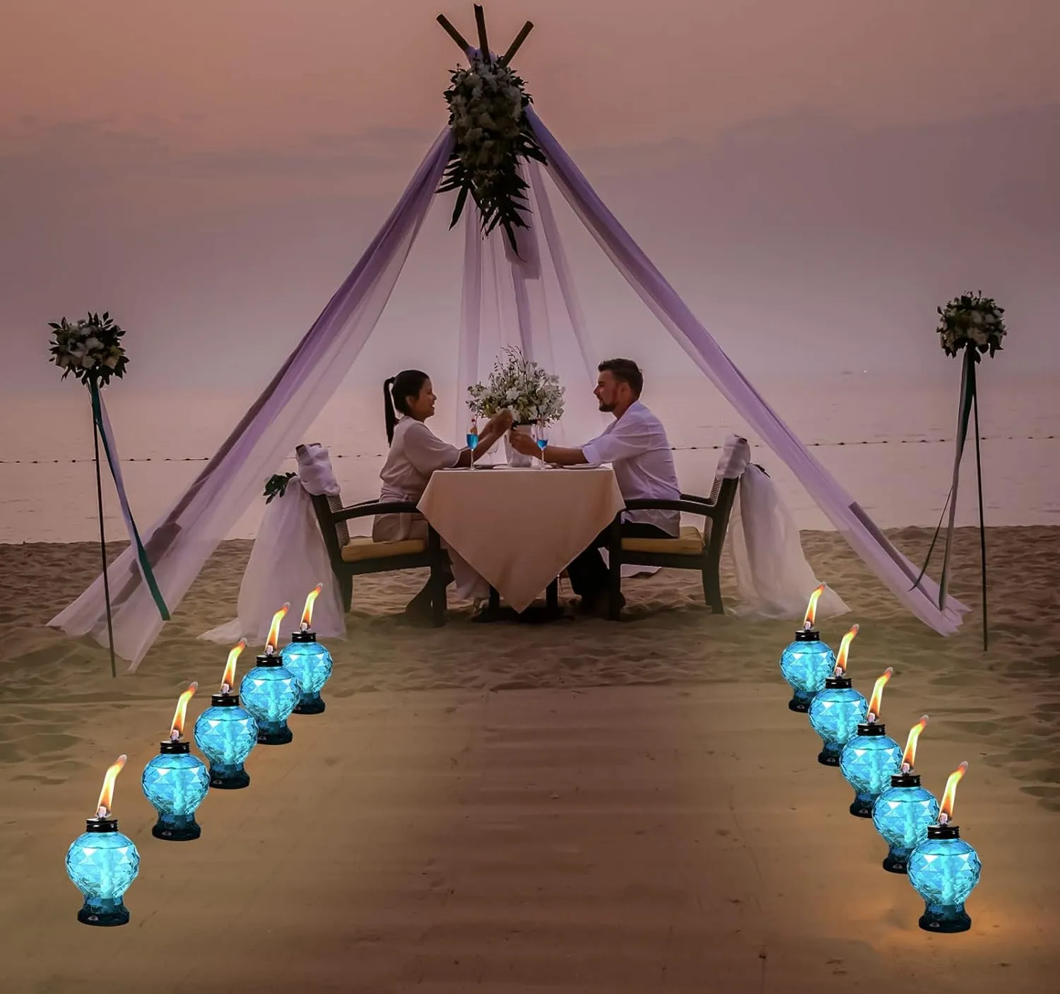 Tewei 4 Pack Blue Table Top Light Torches Outdoor, Mini Glass Torches Lanterns for Outside, Easy to Refill Citronella Torches for Garden Patio Yard Party