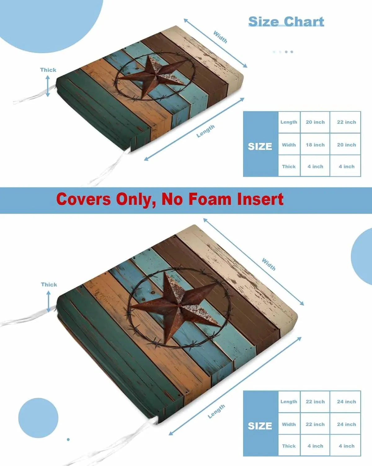 Texas Star Outdoor Cushion Chair Cover Set of 4 - Waterproof Couch Seat Covers, Teal Brown Farmhouse Wooden Country Patio Furniture Protector Cushions Slipcovers for Sofa/RV, 22"x20"x4"