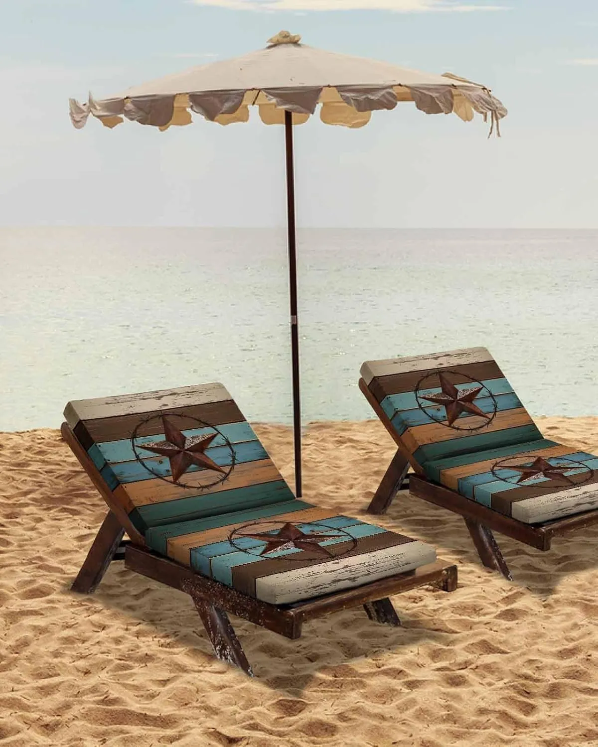 Texas Star Outdoor Cushion Chair Cover Set of 4 - Waterproof Couch Seat Covers, Teal Brown Farmhouse Wooden Country Patio Furniture Protector Cushions Slipcovers for Sofa/RV, 22"x20"x4"