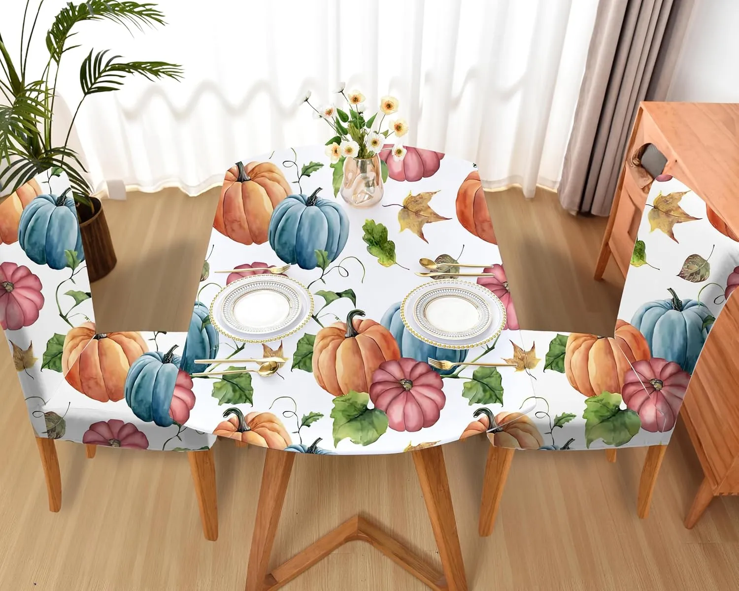 Thanksgiving Chair Slipcovers Set of 2 Kitchen Armless Dining Chair Cover Fitted Stretch Fabric Washable Protector Friends Giving Party Blue Pumpins