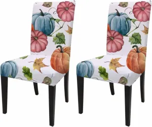 Thanksgiving Chair Slipcovers Set of 2 Kitchen Armless Dining Chair Cover Fitted Stretch Fabric Washable Protector Friends Giving Party Blue Pumpins