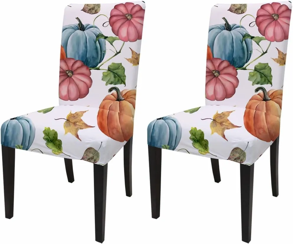 Thanksgiving Chair Slipcovers Set of 2 Kitchen Armless Dining Chair Cover Fitted Stretch Fabric Washable Protector Friends Giving Party Blue Pumpins