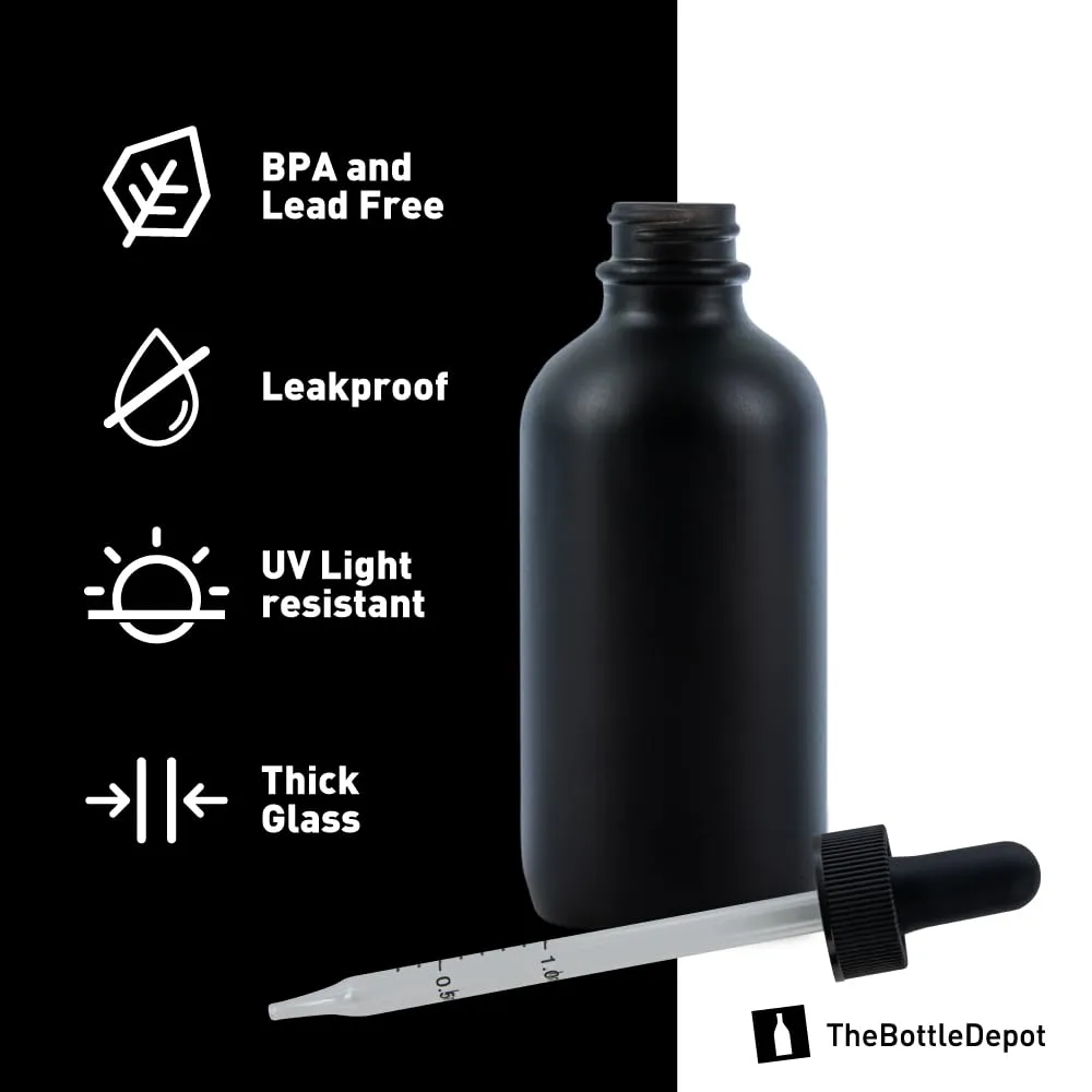 The Bottle Depot - 12 Pack - 4 oz Glass Bottle with Dropper - Black Frosted - 22-400 Neck Finish - Boston Round Bottles - UV Rays Protection
