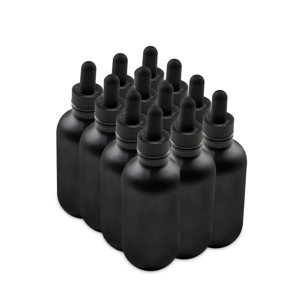 The Bottle Depot - 12 Pack - 4 oz Glass Bottle with Dropper - Black Frosted - 22-400 Neck Finish - Boston Round Bottles - UV Rays Protection