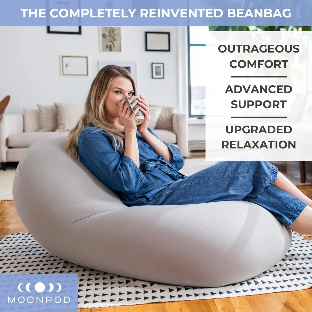 The Moon Pod Bean Bag Chair - Large, Modern Beanbag for Adults, Kids and Teens. Washable Stretch Cover Filled with Thousands of High Density Micro-Beads (Navy).