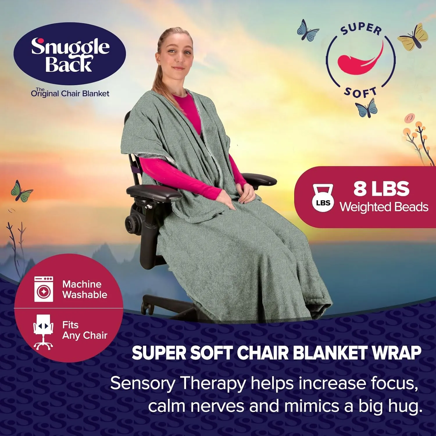 The Original Office Chair Blanket by SnuggleBack; Cozy Comfy Office Desk Chair Wrap Attaches for Warmth . Stay Warm in the Winter or Summer. Weighted Blanket Version - Contains 8Lbs of Clay Beads.