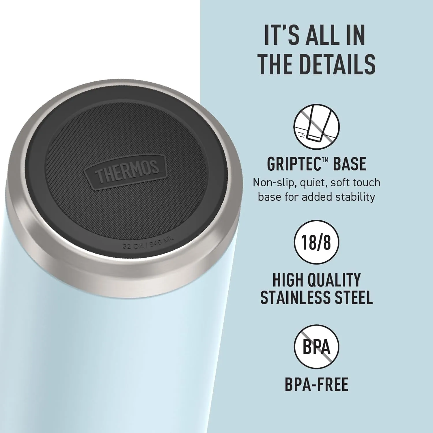 THERMOS ICON SERIES, Stainless Steel Water Bottle with Straw Lid, 32 Ounce, Glacier