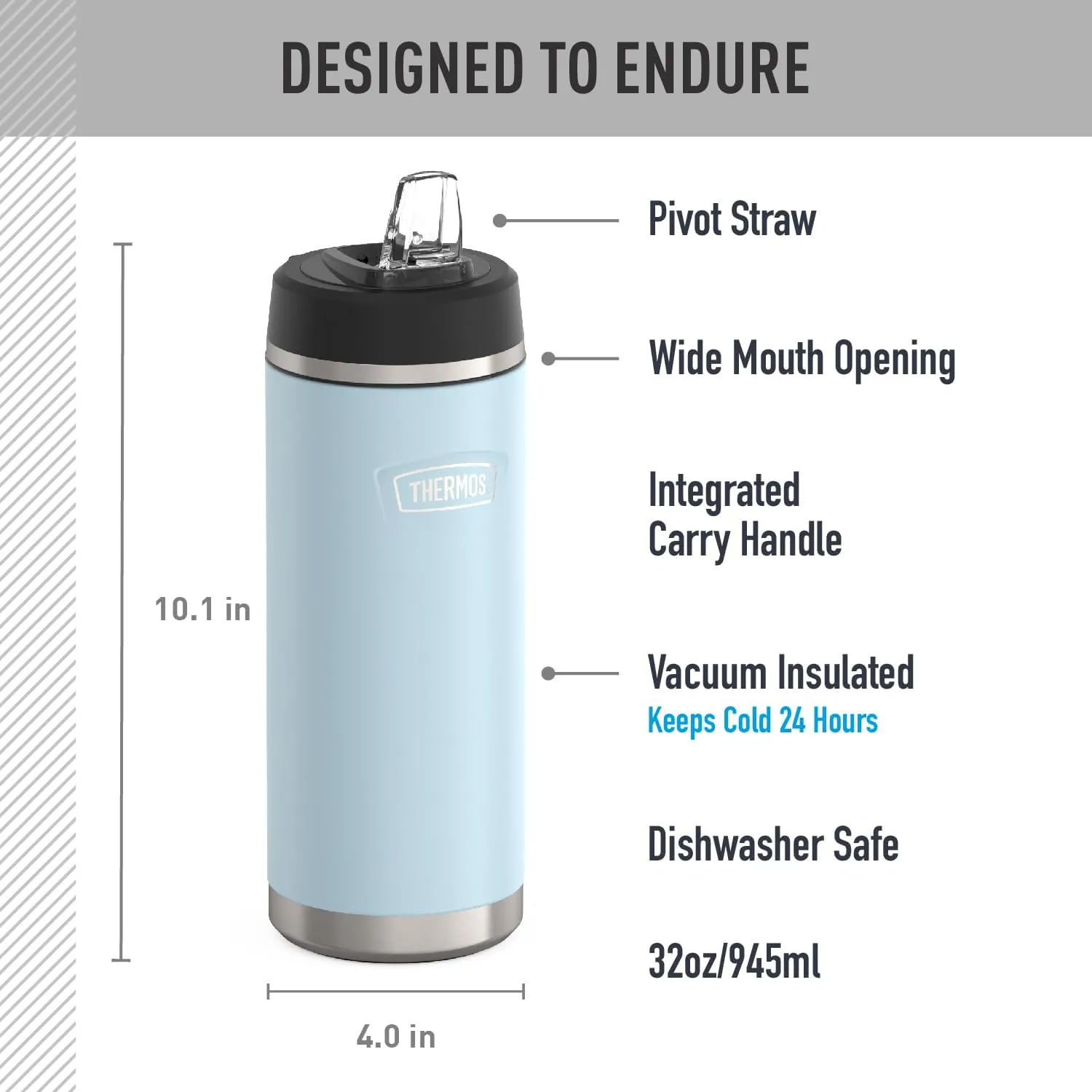 THERMOS ICON SERIES, Stainless Steel Water Bottle with Straw Lid, 32 Ounce, Glacier