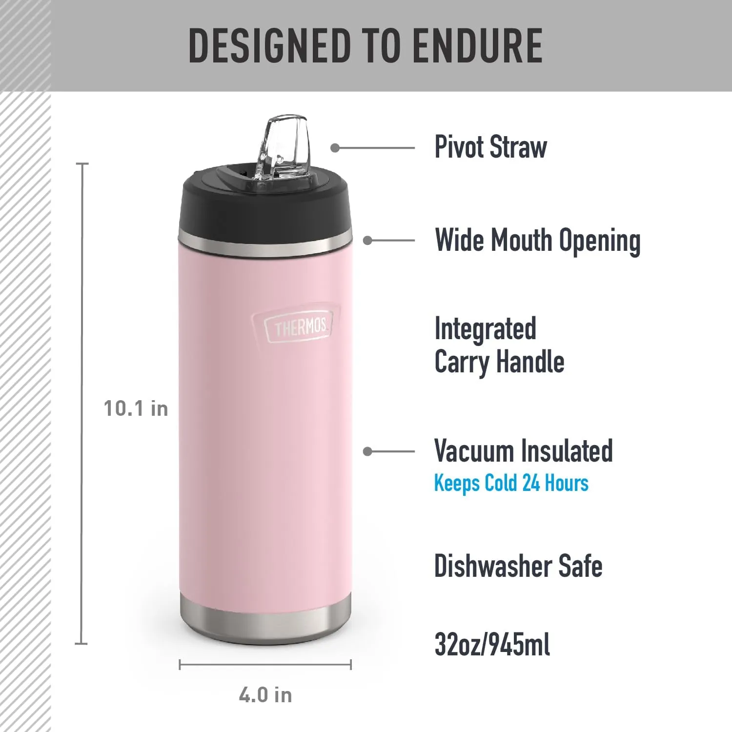 THERMOS ICON SERIES, Stainless Steel Water Bottle with Straw Lid, 32 Ounce, Sunset Pink