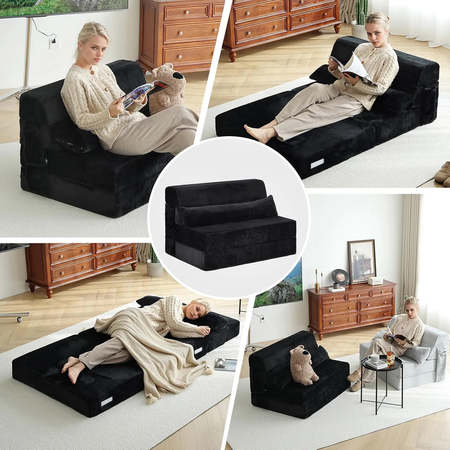 Tiita Folding Sofa Bed with Pillow Single Size Mattress&Plush Fabric with Portable Storage Bag,Floor Lounger Chair Bed for Living Room,Guest Room,Dorm,Apartment,Upstairs Loft,Home Office,Black