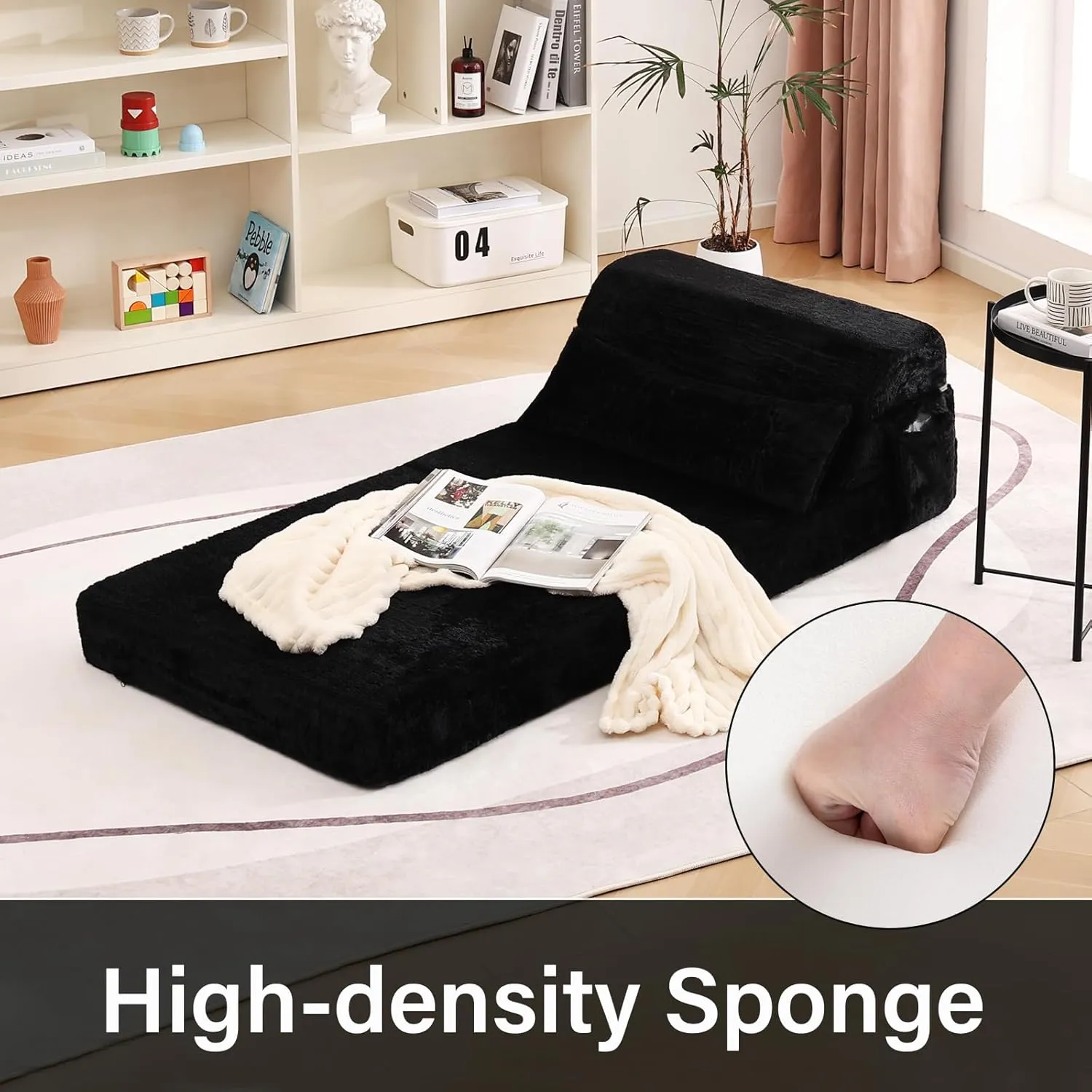 Tiita Folding Sofa Bed with Pillow Single Size Mattress&Plush Fabric with Portable Storage Bag,Floor Lounger Chair Bed for Living Room,Guest Room,Dorm,Apartment,Upstairs Loft,Home Office,Black