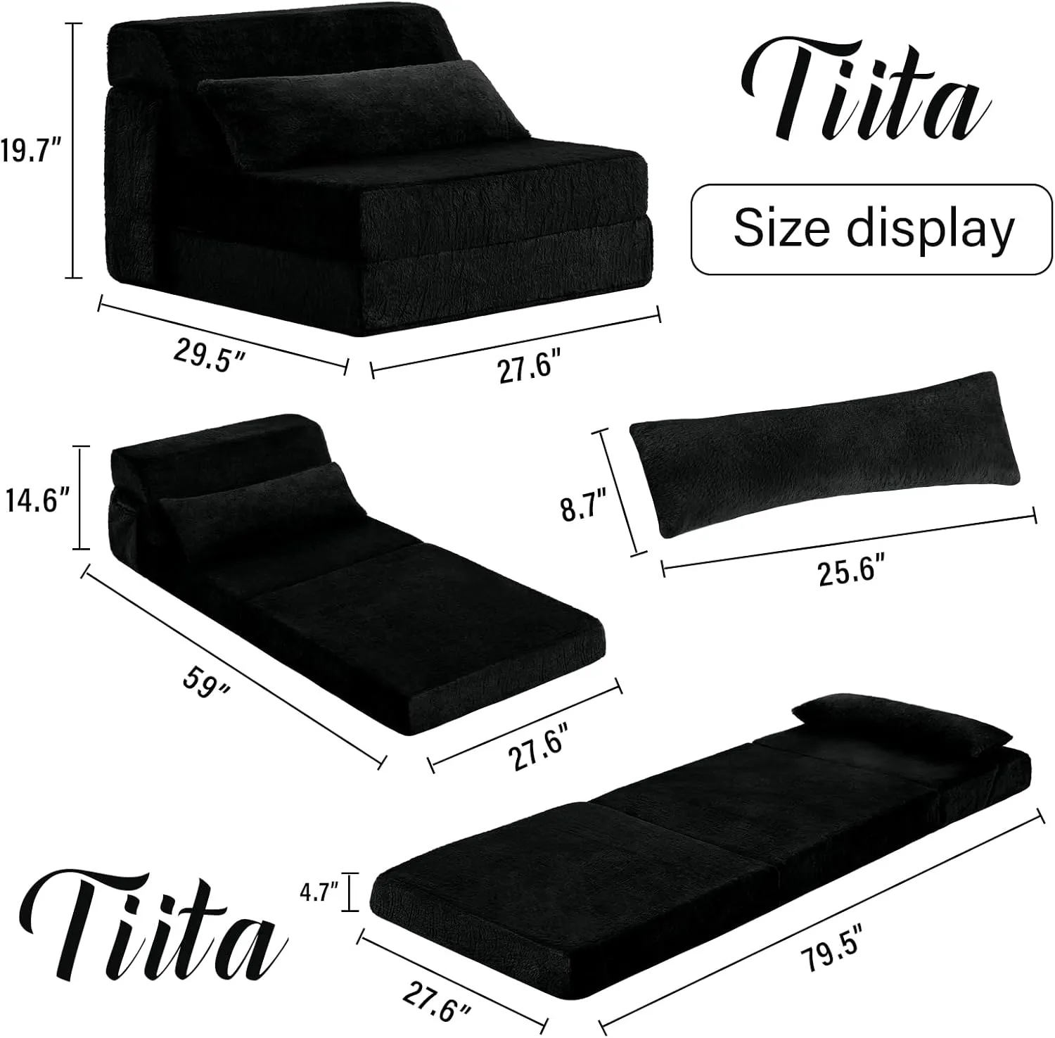 Tiita Folding Sofa Bed with Pillow Single Size Mattress&Plush Fabric with Portable Storage Bag,Floor Lounger Chair Bed for Living Room,Guest Room,Dorm,Apartment,Upstairs Loft,Home Office,Black