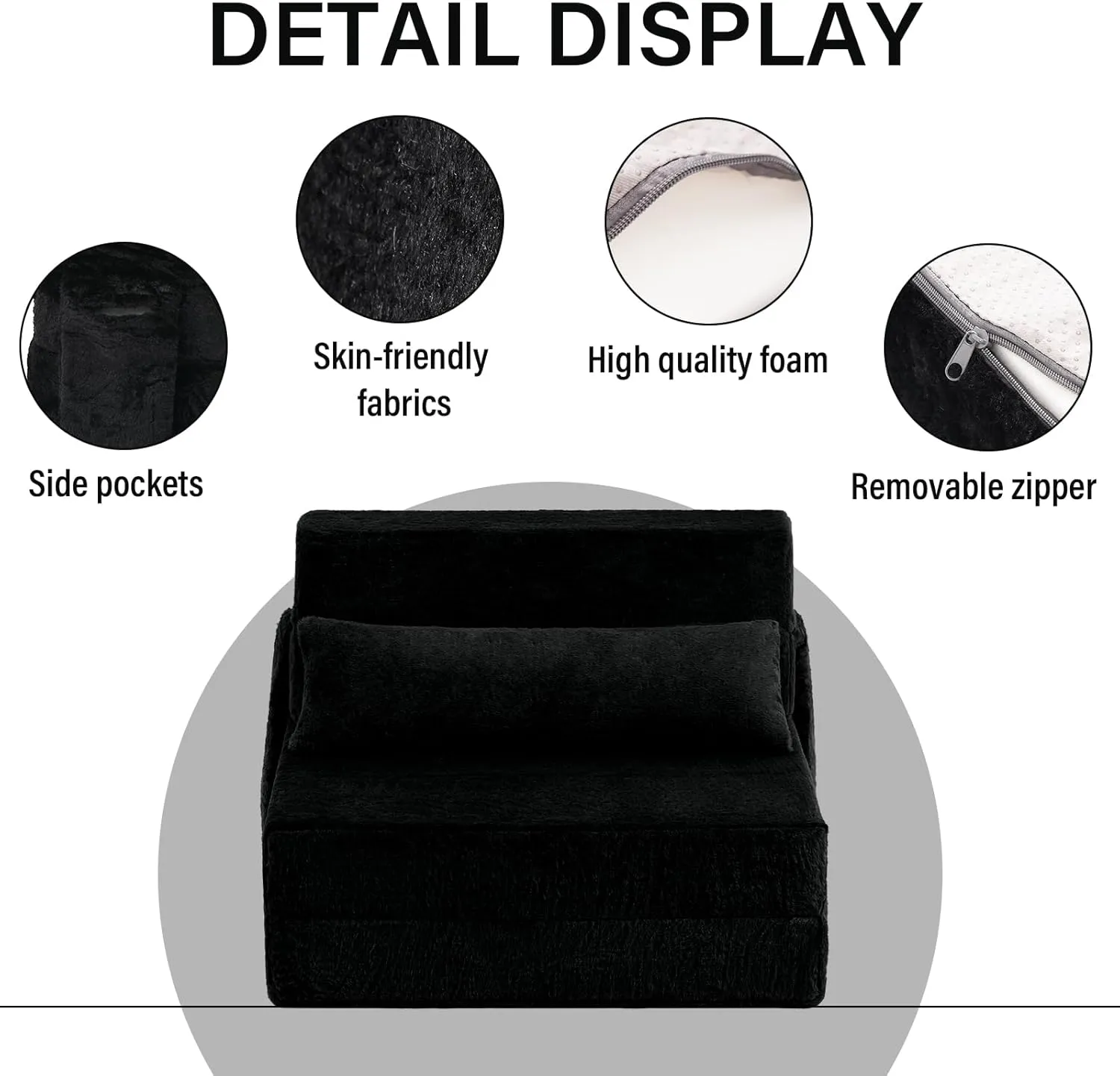 Tiita Folding Sofa Bed with Pillow Single Size Mattress&Plush Fabric with Portable Storage Bag,Floor Lounger Chair Bed for Living Room,Guest Room,Dorm,Apartment,Upstairs Loft,Home Office,Black