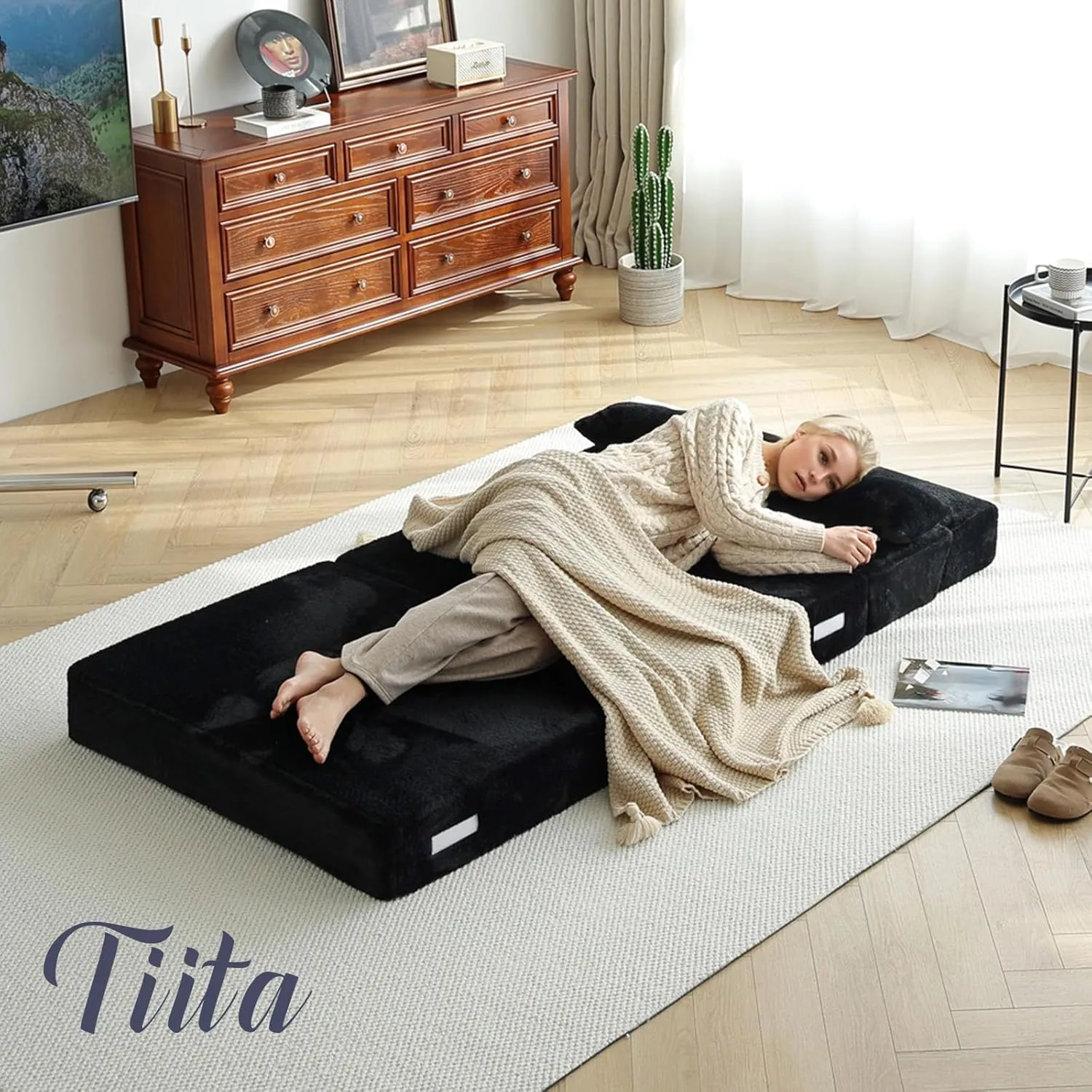 Tiita Folding Sofa Bed with Pillow Single Size Mattress&Plush Fabric with Portable Storage Bag,Floor Lounger Chair Bed for Living Room,Guest Room,Dorm,Apartment,Upstairs Loft,Home Office,Black