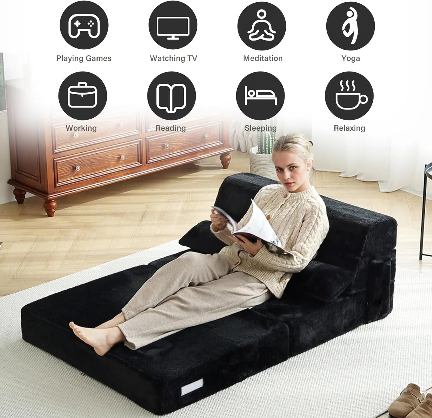 Tiita Folding Sofa Bed with Pillow Single Size Mattress&Plush Fabric with Portable Storage Bag,Floor Lounger Chair Bed for Living Room,Guest Room,Dorm,Apartment,Upstairs Loft,Home Office,Black