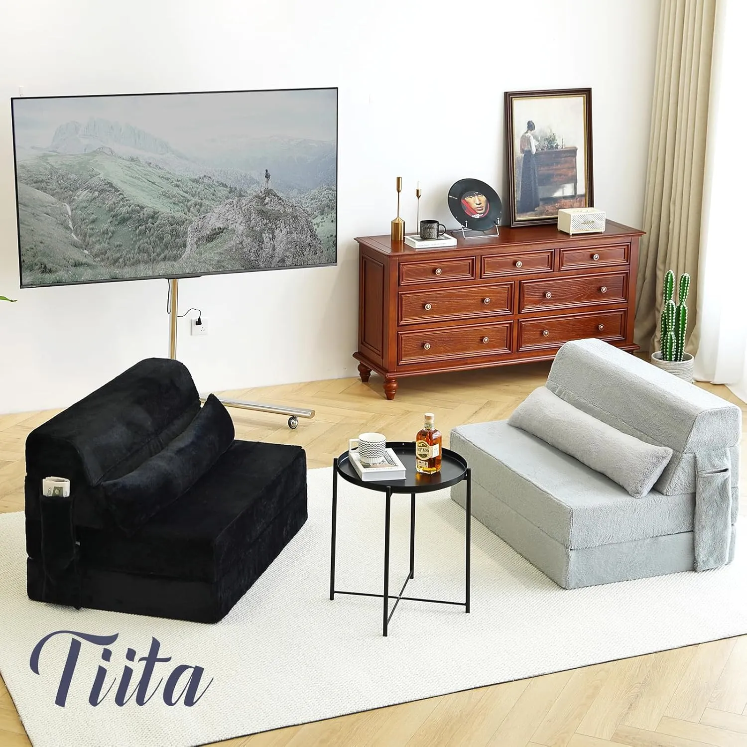 Tiita Folding Sofa Bed with Pillow Twin Size Mattress&Plush Fabric with Portable Storage Bag,Floor Lounger Chair Bed for Living Room,Guest Room,Dorm,Apartment,Upstairs Loft,Home Office,Black