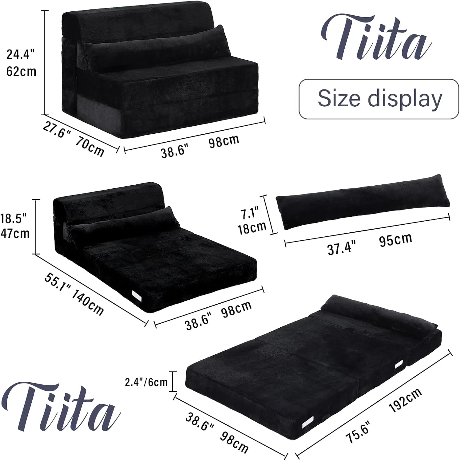 Tiita Folding Sofa Bed with Pillow Twin Size Mattress&Plush Fabric with Portable Storage Bag,Floor Lounger Chair Bed for Living Room,Guest Room,Dorm,Apartment,Upstairs Loft,Home Office,Black