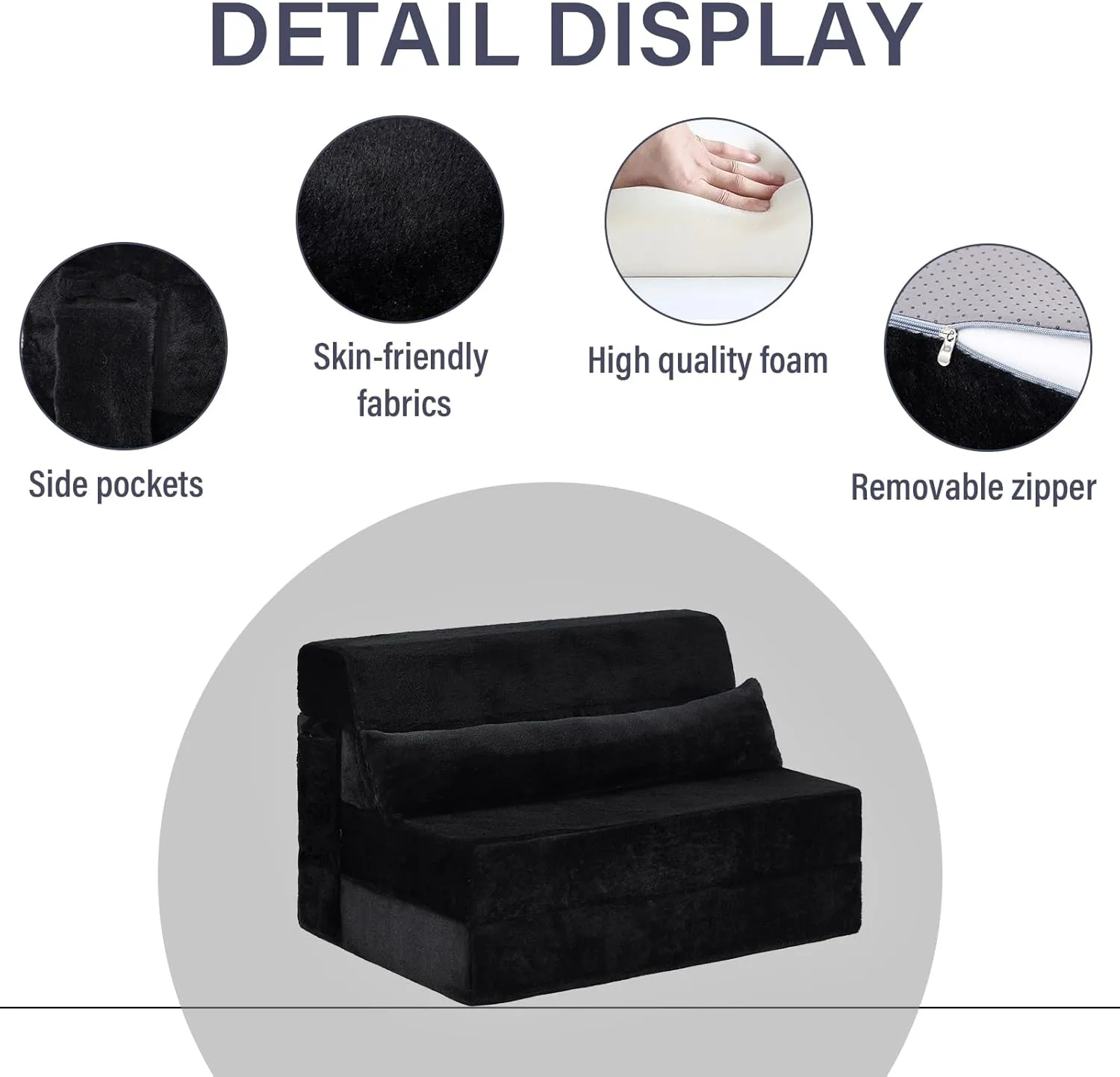 Tiita Folding Sofa Bed with Pillow Twin Size Mattress&Plush Fabric with Portable Storage Bag,Floor Lounger Chair Bed for Living Room,Guest Room,Dorm,Apartment,Upstairs Loft,Home Office,Black