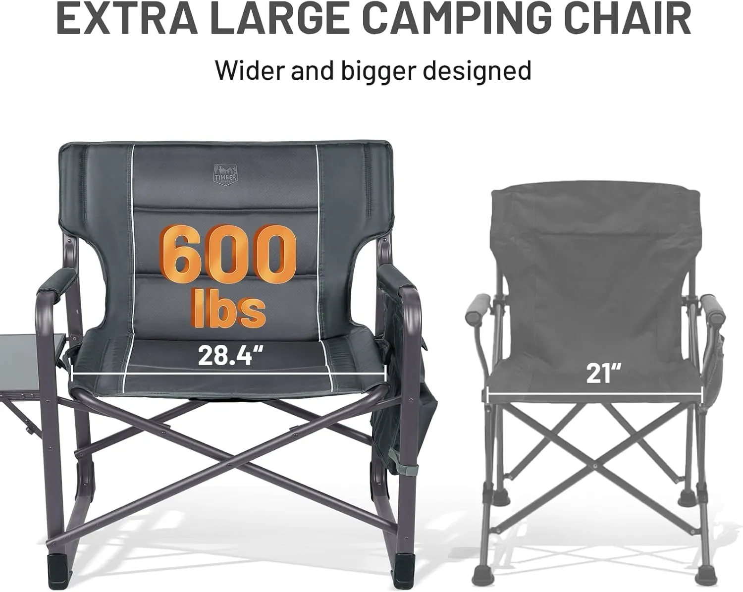 TIMBER RIDGE XXL Upgraded Oversized Directors Chairs with Foldable Side Table, Detachable Side Pocket, Heavy Duty Folding Camping Chair up to 600 Lbs Weight Capacity (Grey) Ideal Gift, 2 Pack