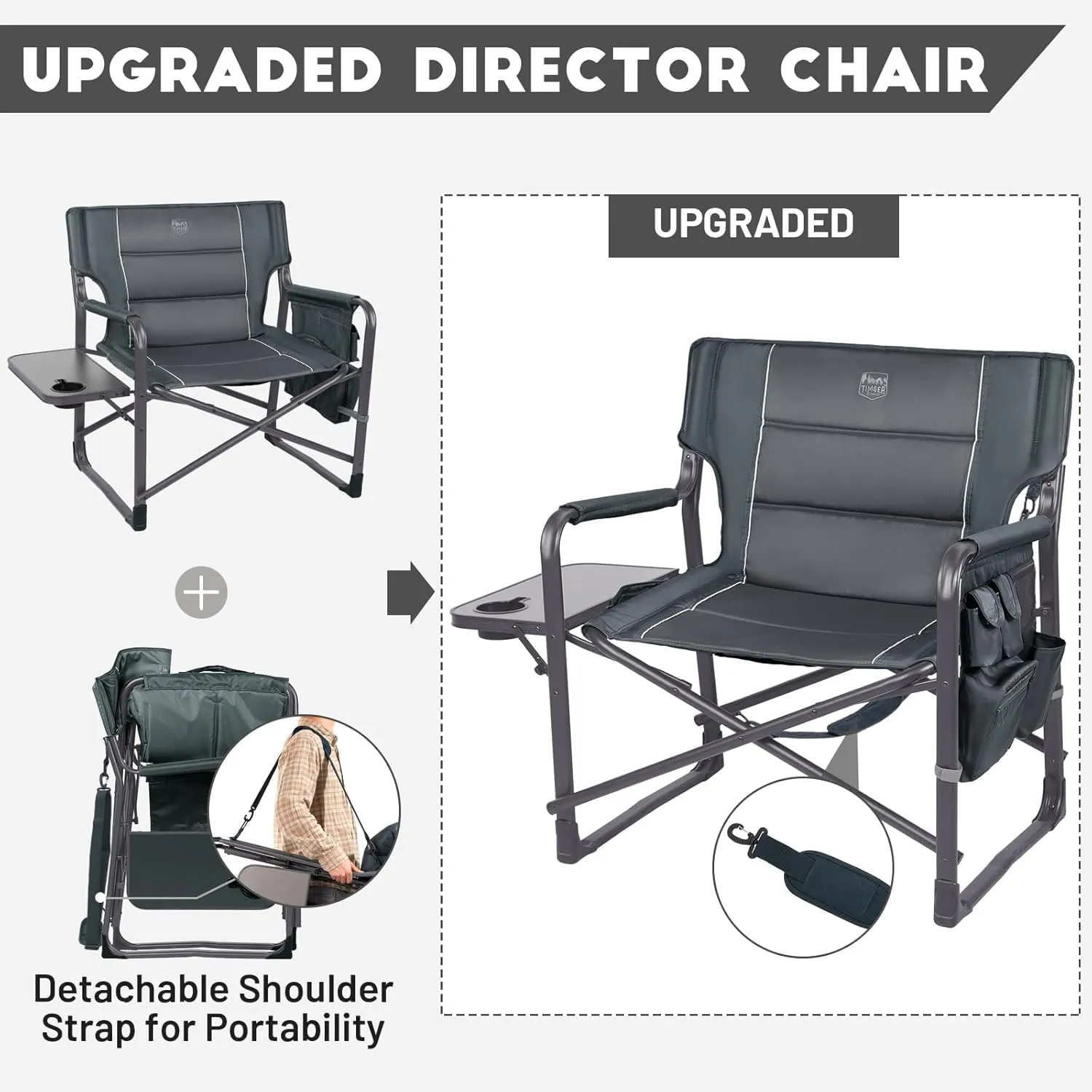 TIMBER RIDGE XXL Upgraded Oversized Directors Chairs with Foldable Side Table, Detachable Side Pocket, Heavy Duty Folding Camping Chair up to 600 Lbs Weight Capacity (Grey) Ideal Gift, 2 Pack