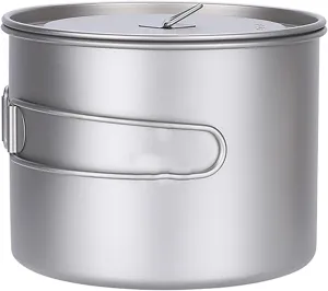 Titanium Camping Cookware, Ultralight Camping Pot with Folding Handle and Lid, Camping Pan for Hiking, Traveling, and Picnic