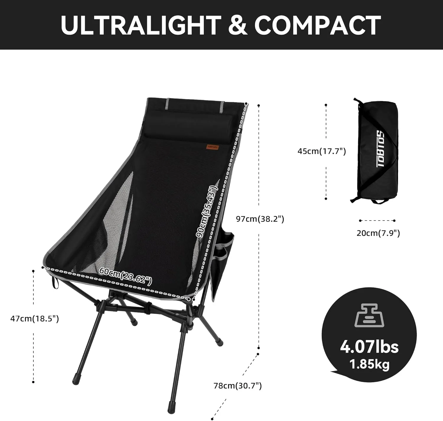 TOBTOS Portable High Back Camping Chair, Support Heavy Duty 440 lbs, Compact Folding Chair with Detachable Pillow for Camp, Hiking, Backpacking (Black)