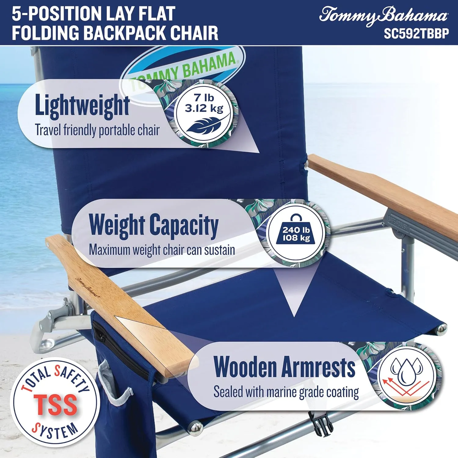 Tommy Bahama 5-Position Classic Lay Flat Folding Backpack Beach Chair, Blue and Green Stripe , 23" x 25.25" x 31.5"