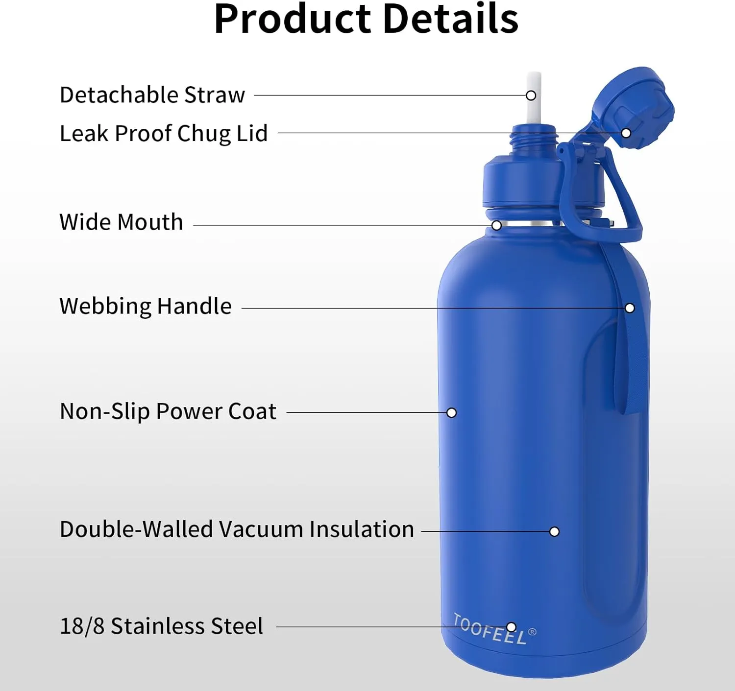 Toofeel Insulated Stainless Steel Water Bottle 74 oz, 2.2L Double Walled Vacuum Big Thermos, Leak Proof Cold Water Bottle, Wide Mouth Metal Bottle for Hot and Cold Drinks, BPA Free, Klein Blue
