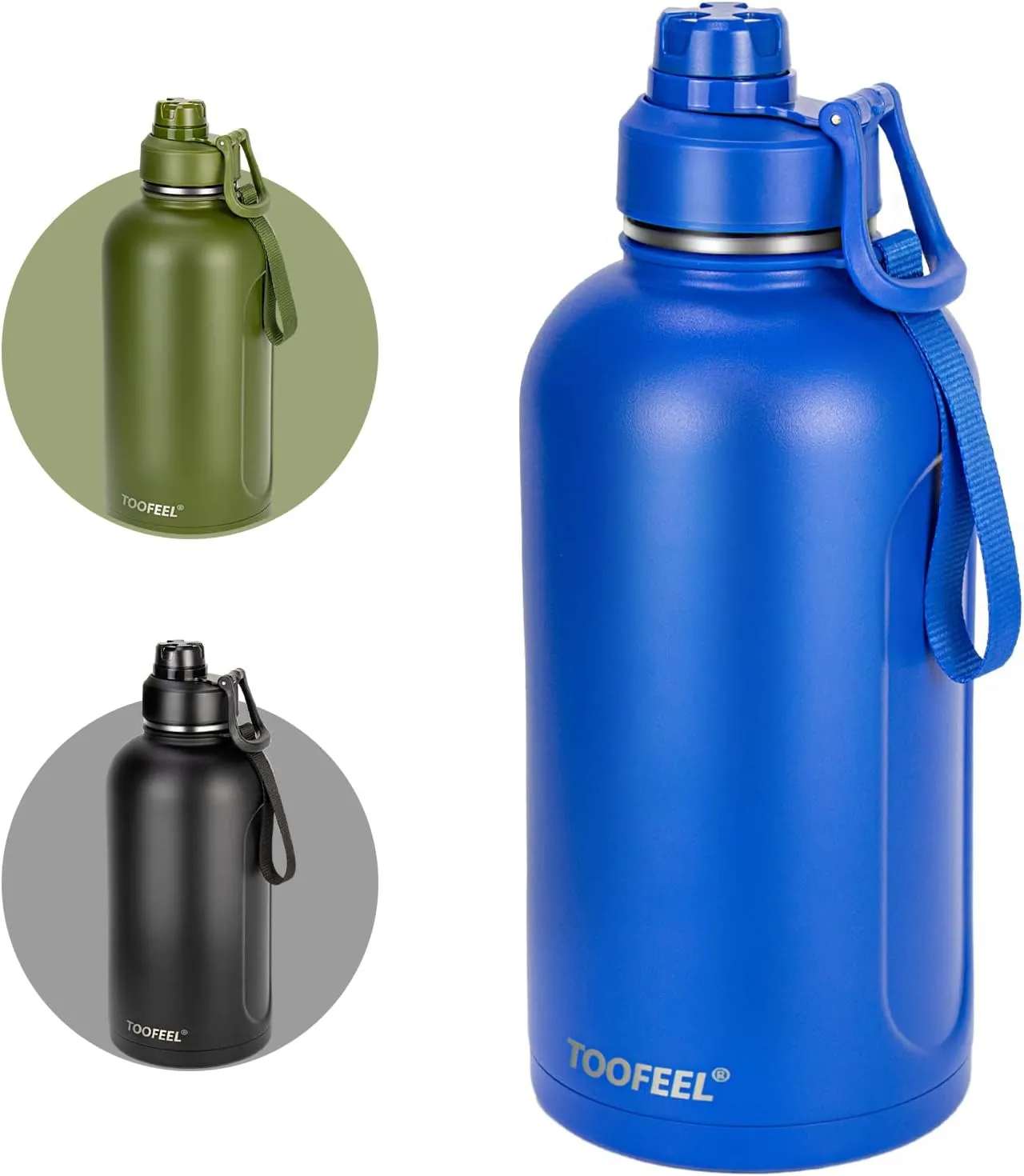Toofeel Insulated Stainless Steel Water Bottle 74 oz, 2.2L Double Walled Vacuum Big Thermos, Leak Proof Cold Water Bottle, Wide Mouth Metal Bottle for Hot and Cold Drinks, BPA Free, Klein Blue