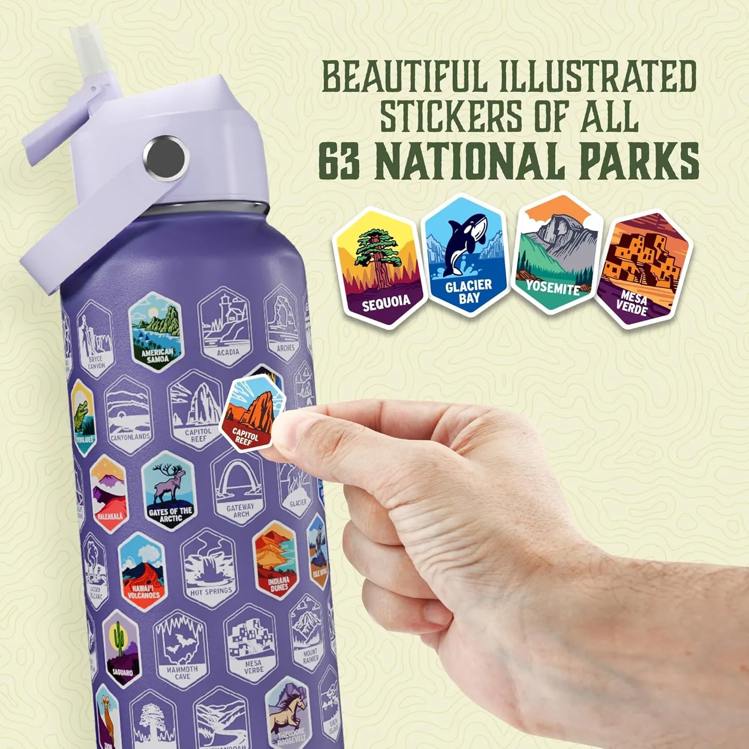 Trekking The National Parks Water Bottle with 63 Waterproof Stickers & 3 Lids (Straw, Spout, & Chug) | 32 Oz Insulated Wide Mouth Stainless Steel Bottle | BPA-Free and Leak-Proof - PURPLE