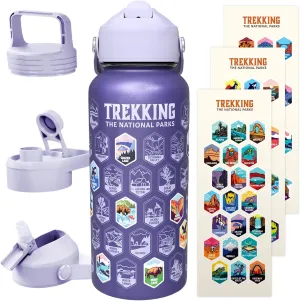 Trekking The National Parks Water Bottle with 63 Waterproof Stickers & 3 Lids (Straw, Spout, & Chug) | 32 Oz Insulated Wide Mouth Stainless Steel Bottle | BPA-Free and Leak-Proof - PURPLE