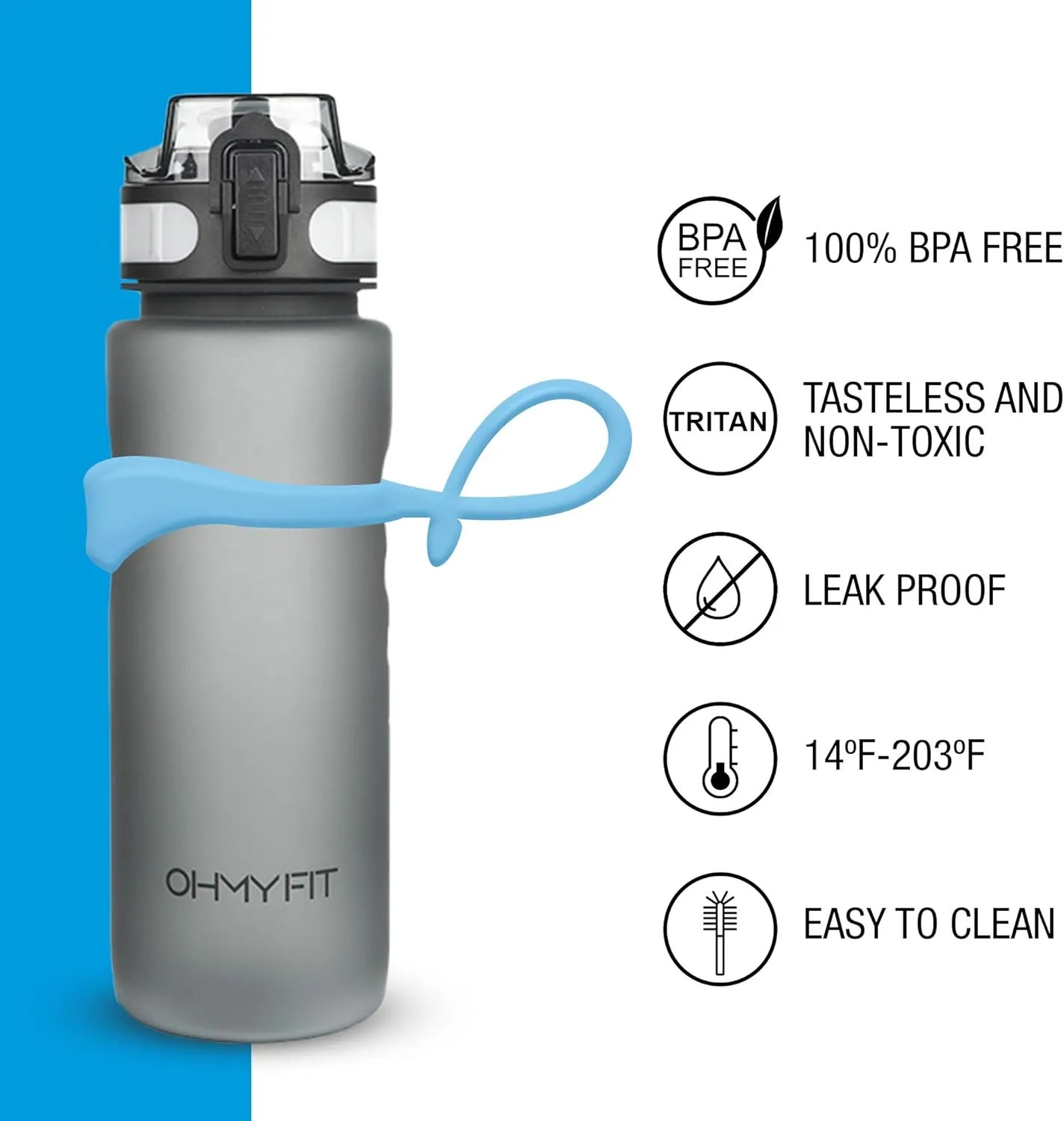 Tritan Sports Water Bottle with Magnetic Silicone Carry Strap & One Click Open Cap - Magnetic Drink Holder for Metal Equipment - Bottle w/Straps for Backpack, Belt & More (18oz, Sky Blue)