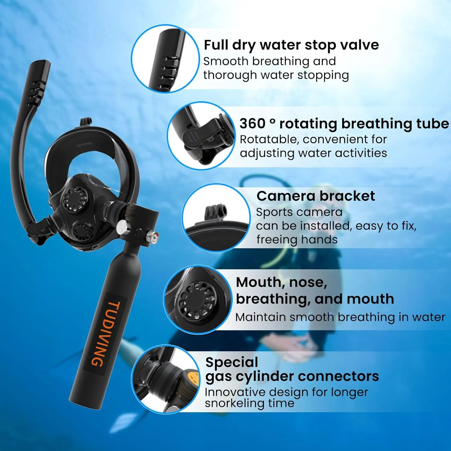TUDIVING-0.5L Portable Mini Scuba Tank with Pump,Diving Oxygen Cylinder with Full Face Snorkel Mask,Lung Tank Kits for Underwater Diving Breathing Training/Rescue/Boat Cleaning