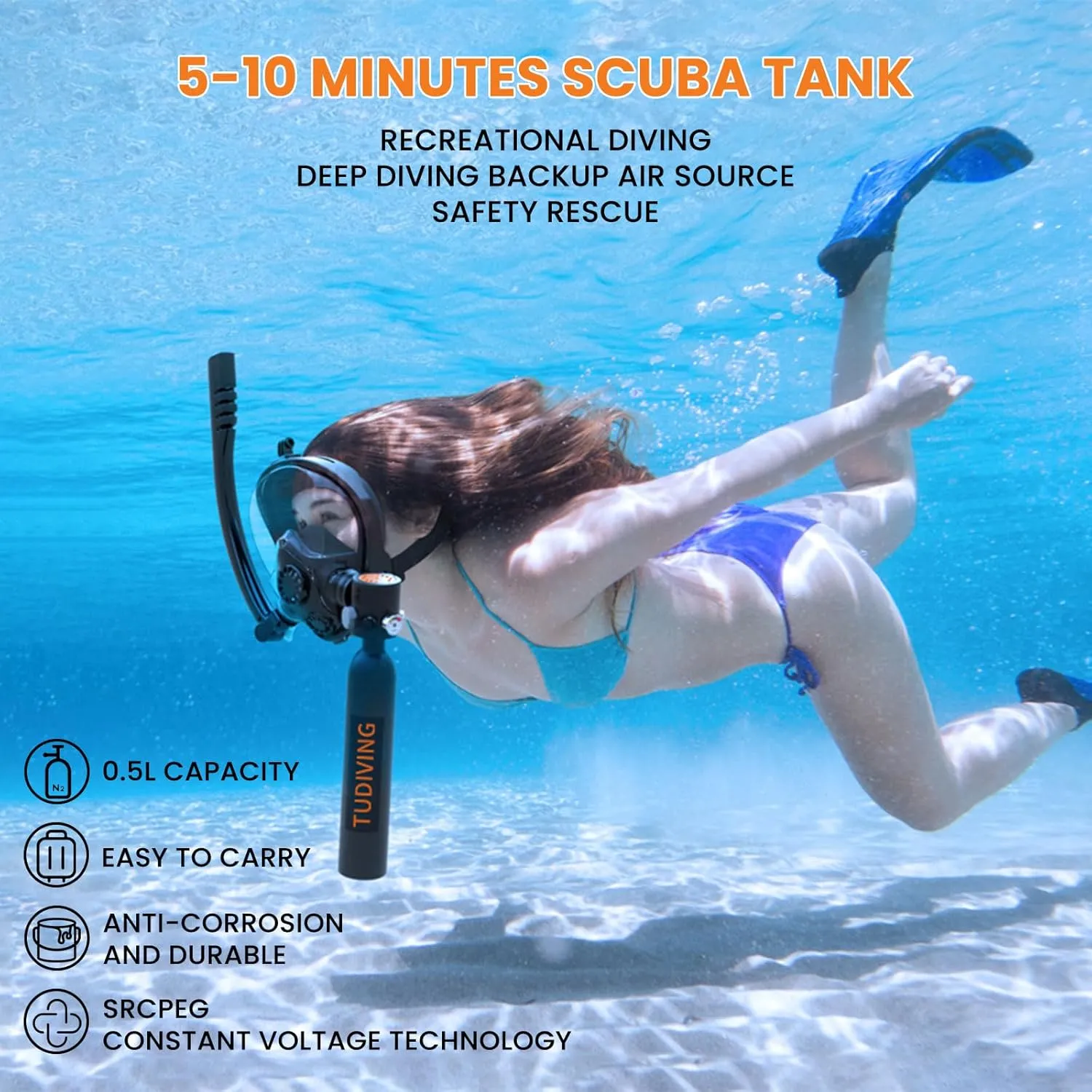 TUDIVING-0.5L Portable Mini Scuba Tank with Pump,Diving Oxygen Cylinder with Full Face Snorkel Mask,Lung Tank Kits for Underwater Diving Breathing Training/Rescue/Boat Cleaning