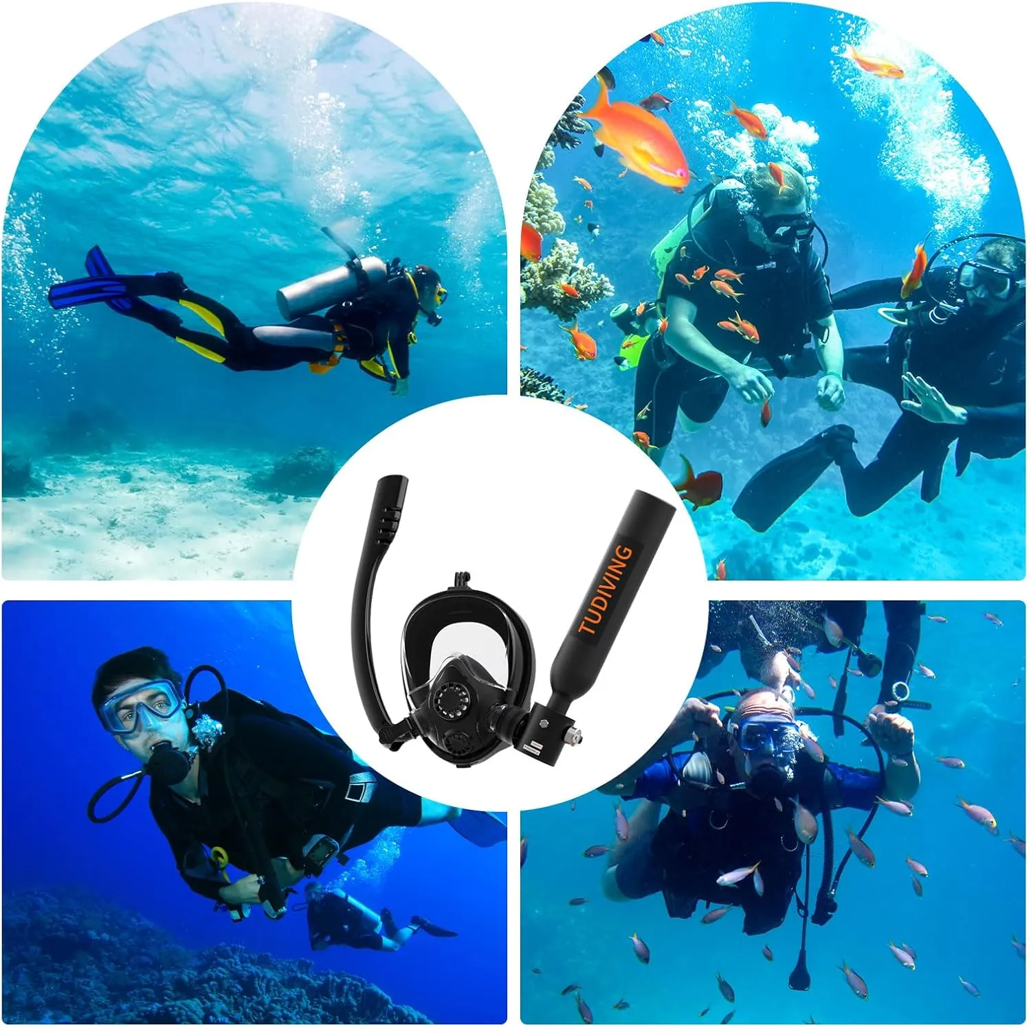 TUDIVING-0.5L Portable Mini Scuba Tank with Pump,Diving Oxygen Cylinder with Full Face Snorkel Mask,Lung Tank Kits for Underwater Diving Breathing Training/Rescue/Boat Cleaning