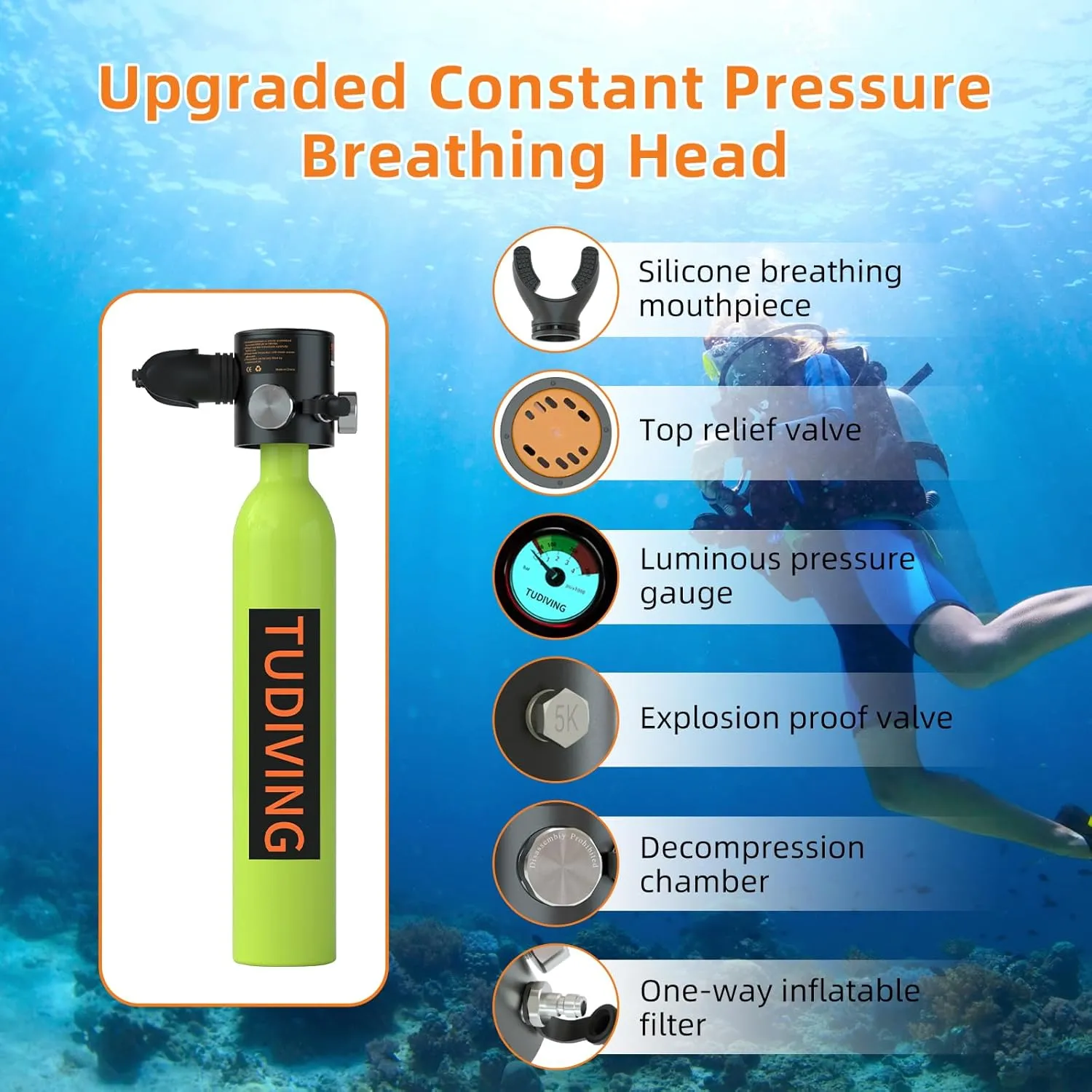 TUDIVING-0.5L Portable Mini Scuba Tank with Pump,Diving Oxygen Cylinder with Full Face Snorkel Mask,Lung Tank Kits for Underwater Diving Breathing Training/Rescue/Boat Cleaning