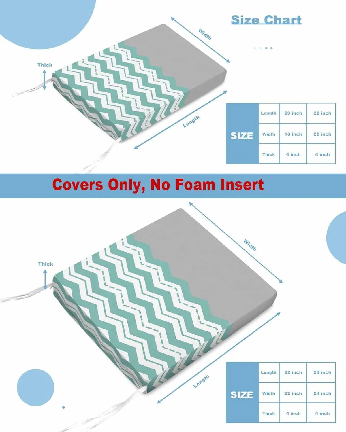 Turquoise Chevron Outdoor Cushion Chair Cover Set of 2 - Waterproof Couch Seat Covers, Geometric Grey Wavy Striped White Patio Furniture Protector Cushions Slipcovers for Sofa/RV, 22"x22"x4"