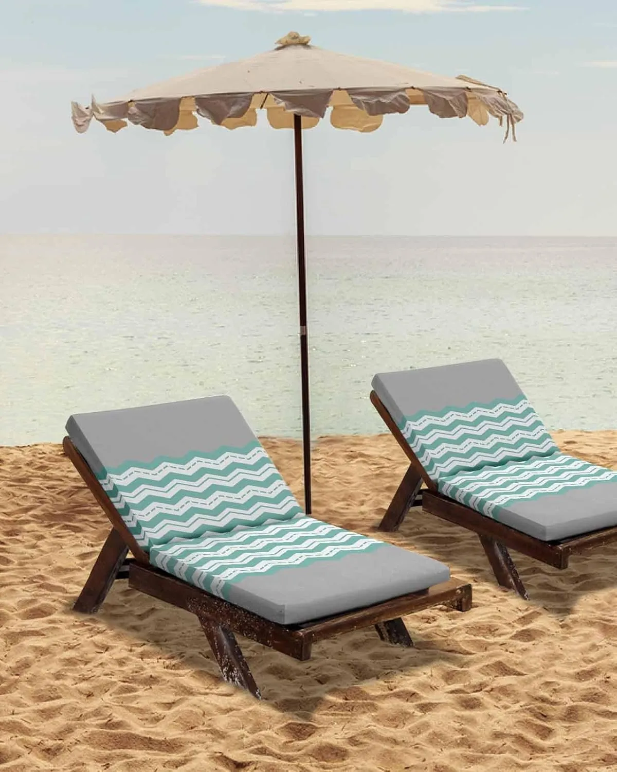 Turquoise Chevron Outdoor Cushion Chair Cover Set of 2 - Waterproof Couch Seat Covers, Geometric Grey Wavy Striped White Patio Furniture Protector Cushions Slipcovers for Sofa/RV, 22"x22"x4"
