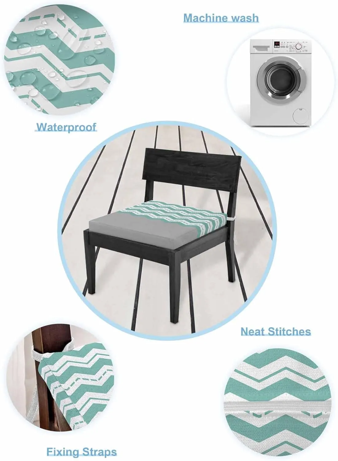 Turquoise Chevron Outdoor Cushion Chair Cover Set of 2 - Waterproof Couch Seat Covers, Geometric Grey Wavy Striped White Patio Furniture Protector Cushions Slipcovers for Sofa/RV, 22"x22"x4"