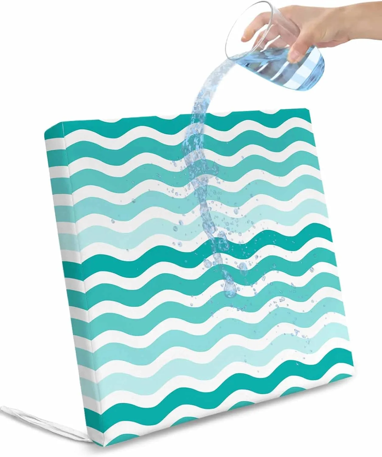 Turquoise Striped Ombre Outdoor Cushion Chair Cover Set of 2 - Waterproof Couch Seat Covers, Geometric Modern Gradient Ocean White Patio Furniture Protector Cushions Slipcovers for Sofa/RV, 22"x22"x4"