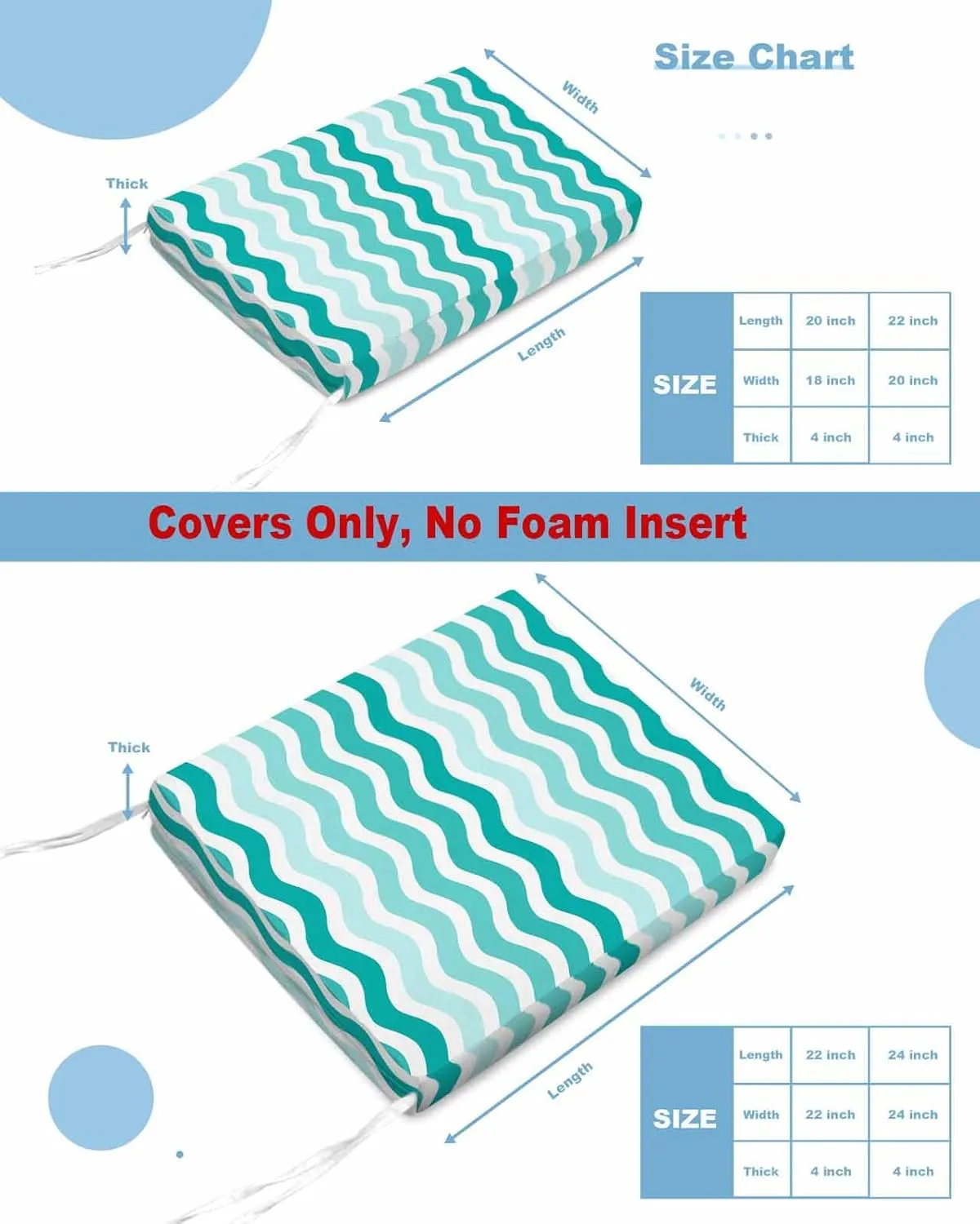Turquoise Striped Ombre Outdoor Cushion Chair Cover Set of 2 - Waterproof Couch Seat Covers, Geometric Modern Gradient Ocean White Patio Furniture Protector Cushions Slipcovers for Sofa/RV, 22"x22"x4"