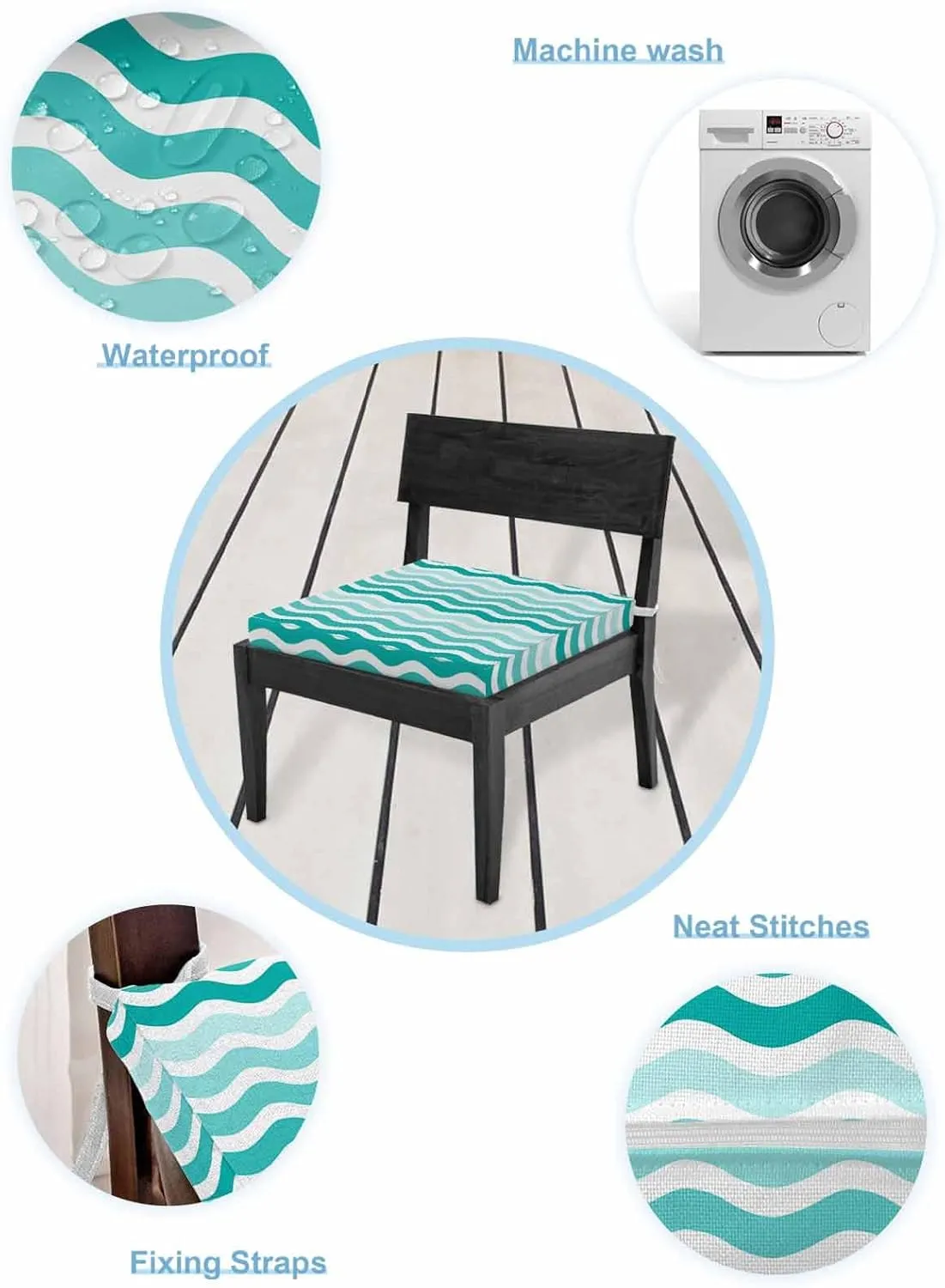 Turquoise Striped Ombre Outdoor Cushion Chair Cover Set of 2 - Waterproof Couch Seat Covers, Geometric Modern Gradient Ocean White Patio Furniture Protector Cushions Slipcovers for Sofa/RV, 22"x22"x4"