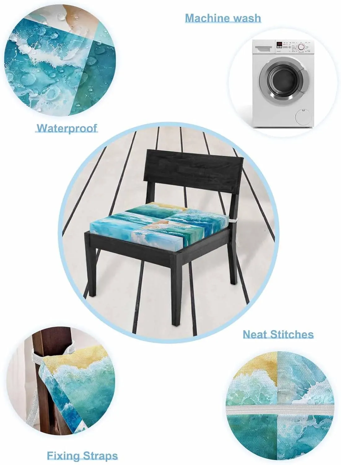 Turquoise Summer Beach Outdoor Cushion Chair Cover Set of 2 - Waterproof Couch Seat Covers, Coastal Ocean Waves Nautical Patio Furniture Protector Cushions Slipcovers for Sofa/RV, 24"x24"x4"