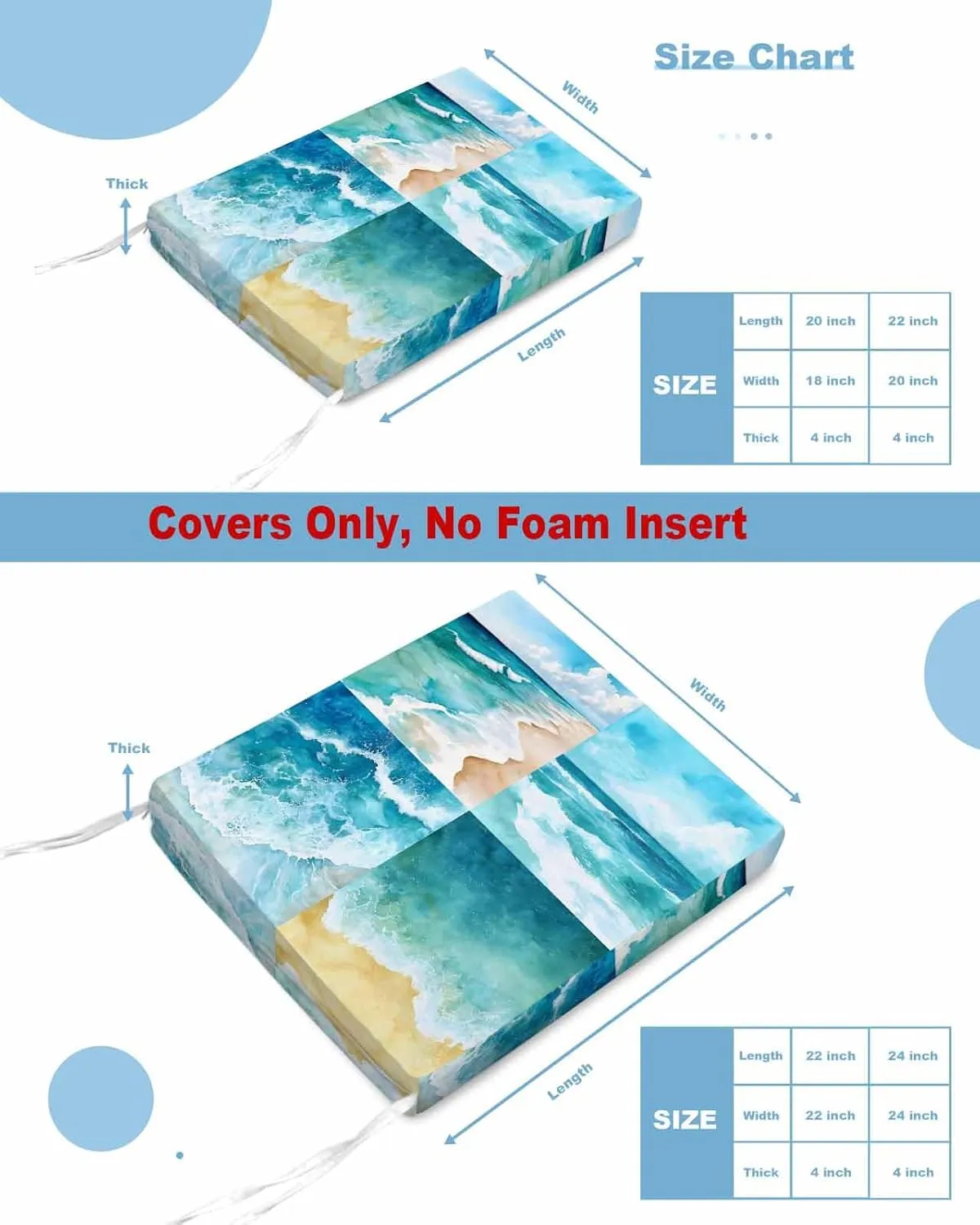 Turquoise Summer Beach Outdoor Cushion Chair Cover Set of 2 - Waterproof Couch Seat Covers, Coastal Ocean Waves Nautical Patio Furniture Protector Cushions Slipcovers for Sofa/RV, 24"x24"x4"