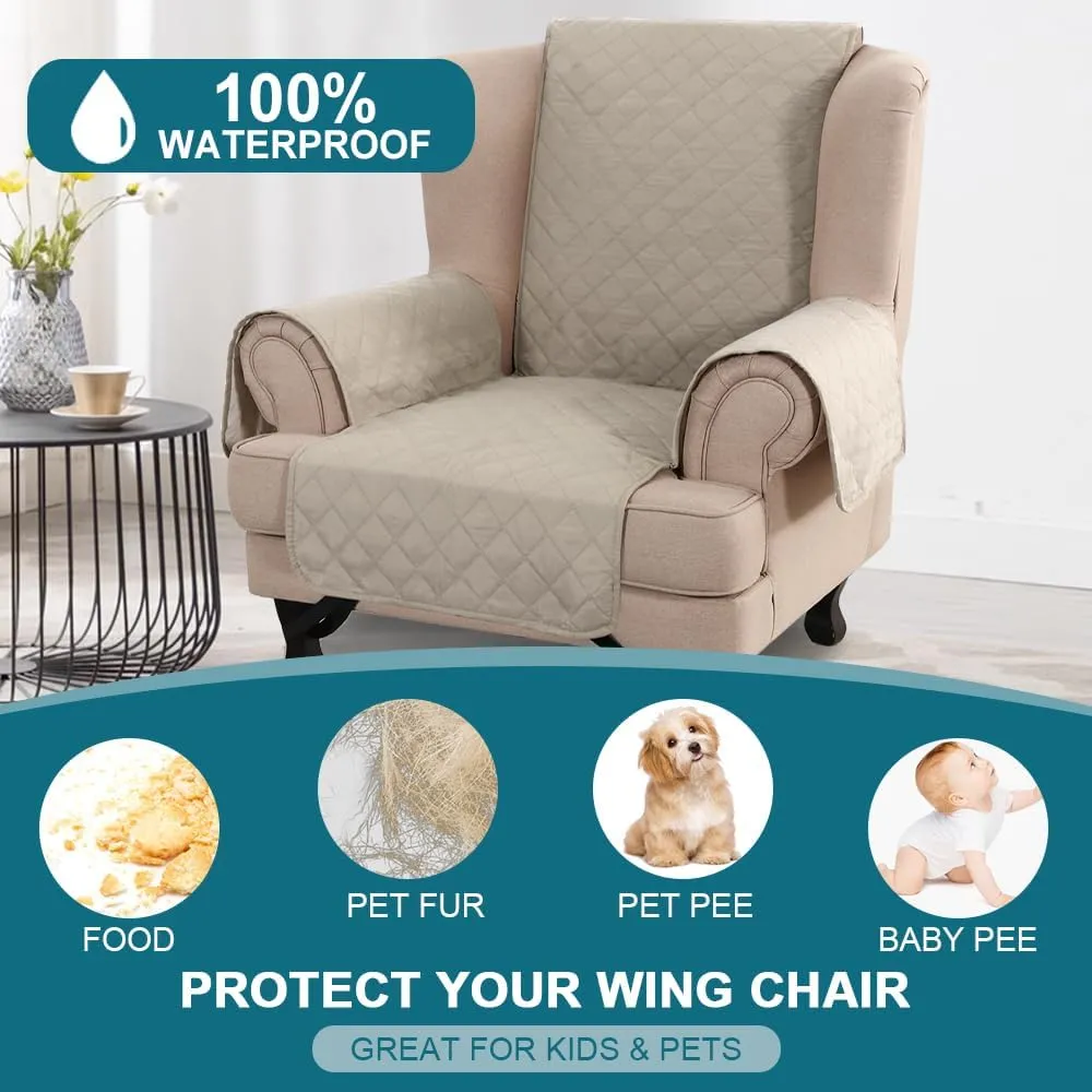 Turquoize 100% Waterproof Wing Chair Cover Wing Armchair Slipcovers Chair Couch Protector Triple Non-Slip Sofa Slipcover for Wing Chair Furniture Protector for Pets, Kids,Dog (Wing Chair, Pale Oak)