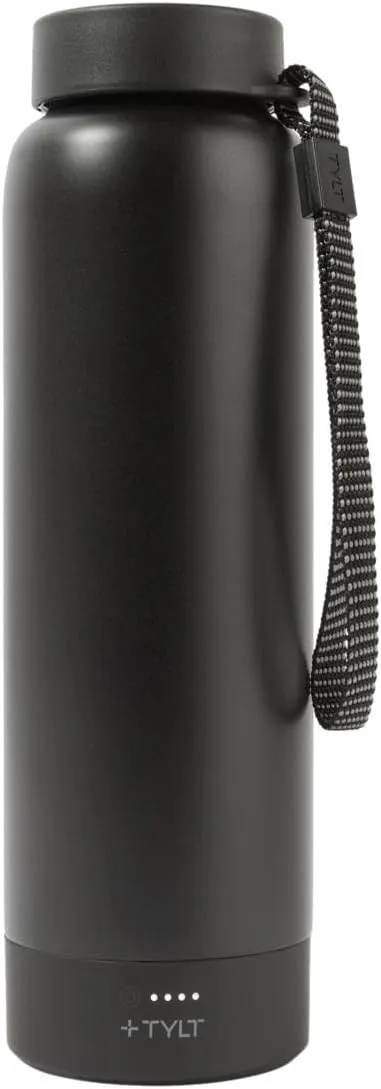 TYLT Power Bottle 2.0 24oz Stainless Steel Wide Mouth Water Bottle Removable 5700mAh Magnetic Portable Power Bank Dishwasher Safe Cup Holder Compatible Lanyard Handle Black
