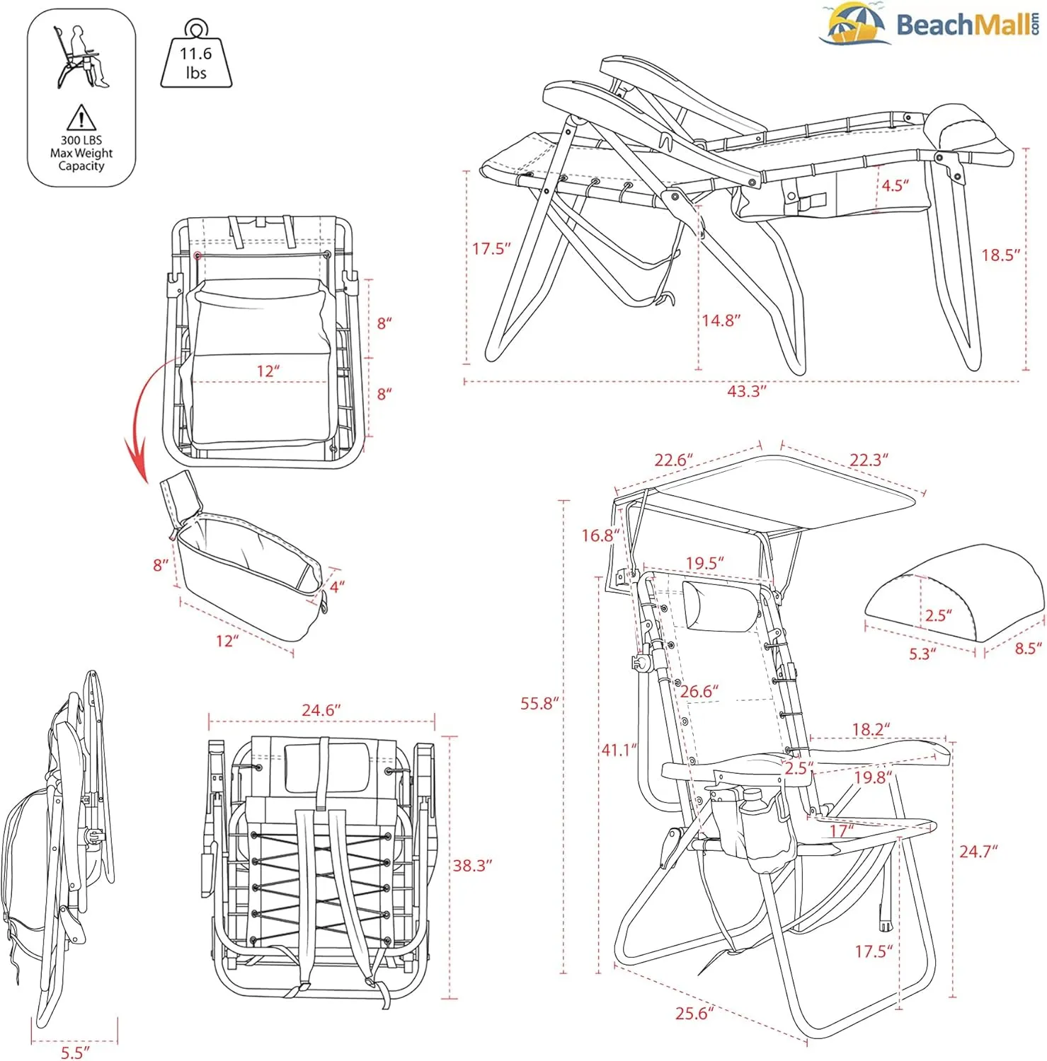 Ultimate Heavy Duty High Seat Aluminum Folding Backpack Beach Chair for Adults | Lay Flat, 5 Reclining Positions | Removable Insulated Cooler Pouch & Canopy for UV Protection